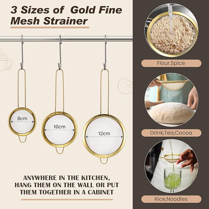 Baderke 7 Pcs Gold Kitchen Accessories Includes Stainless Steel Colander with Handles, 3 Gold Mixing Bowls with Airtight Lids and 3 Fine Mesh Strainer(Colander: 3 Qt, Mixing Bowls: 0.8/1/1.5 Qt)