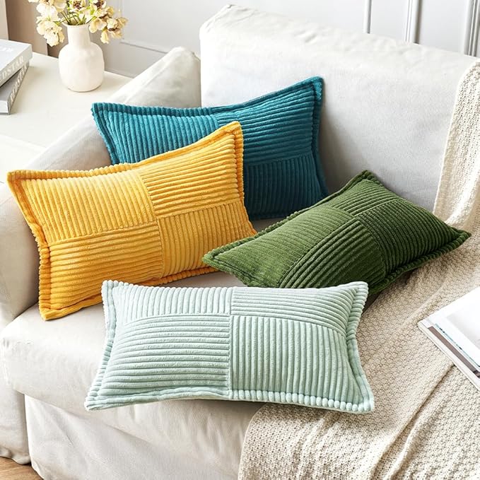 MIULEE Decorative Lumbar Throw Pillow Covers for Couch Bed Livingroom 12x20 Inch Set of 2 Moss Green Boho Accent Throw Pllows Broadside Striped Patchwork Soft Corduroy Summer Pillowcases