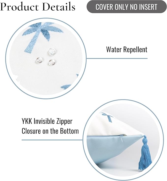 Hofdeco Premium Coastal Hampton Style Patio Indoor Outdoor Pillow Cover Only, 20"x20" Water Resistant for Backyard, Couch, Baby Blue Embroidered Palm Tree Tassel
