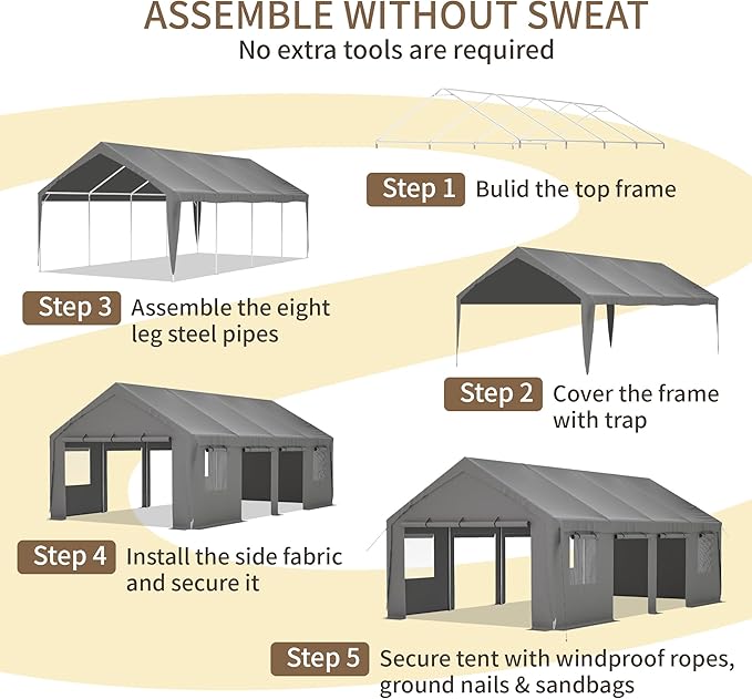 Carport 25x13ft Heavy Duty Canopy Storage Shed,Extra Large Portable Outdoor Garage with 4 Roll-up Doors & 4 Windows and All-Season Tarp Cover UV Resistant Waterproof for Car,Truck,Boat