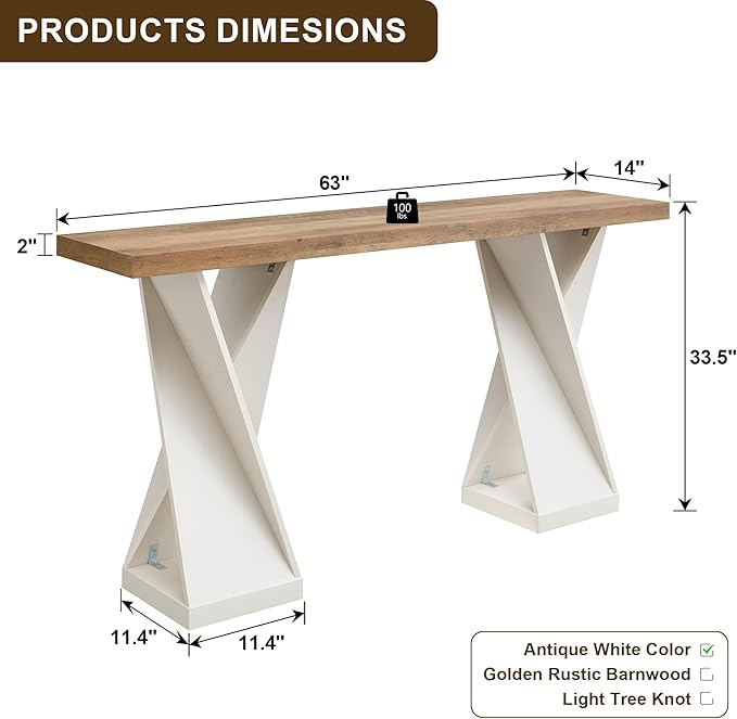 OKD Modern Entryway Table, 63" Twisted Console Table with Wood Pedestal, Farmhouse Sofa Table with Storage, Rustic Entry Table Tor Living Room, Entryway, Hallway, Antique White