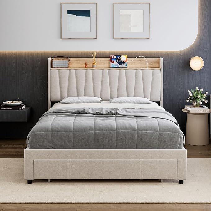 GarveeHome Upholstered Bed Frame with Storage Headboard and Charging Station, Platform Bed Frame with Drawers, Heavy Duty, No Box Spring Needed, Easy Assembly, Beige, Queen Size