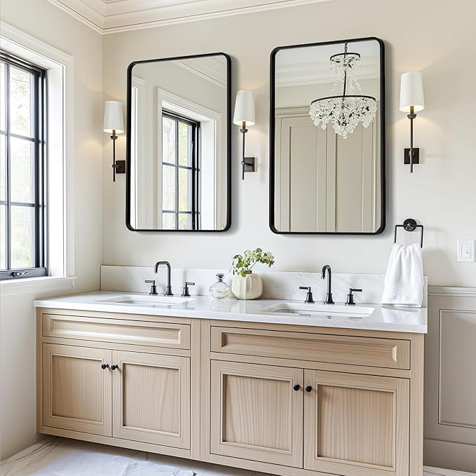 USHOWER 2-Pack Black Bathroom Mirrors 24 x 36 Inch, Metal Frame Rectangle Mirror, Modern Farmhouse Vanity Mirror, Wall Mounted