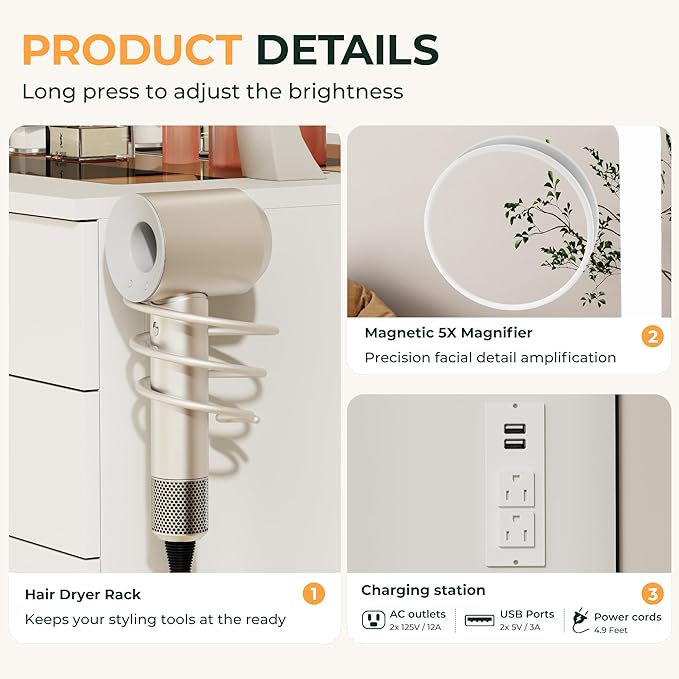 White Vanity with Lighted Mirror, 11 Drawers Vanity Mirror with Lights, 46" Makeup Vanity Desk with 3 Lighting Modes Adjustable Brightness, Vanity with Glass Top for Bedroom