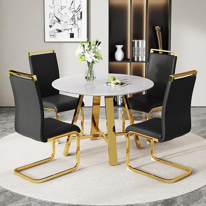 Modern Round Dining Table Set for 4-5 Piece White Faux Marble Table with PU Leather Chairs for Kitchen, Office, Small Spaces