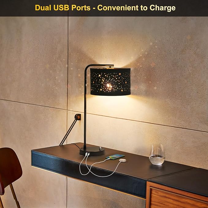 Bedside Table Lamp with USB C+A Ports, Fully Dimmable Modern Nightstand Side Lamps with Stars Shade, Tall Desk Reading Lamps for Living Room Bedroom 3000k LED Bulb Included