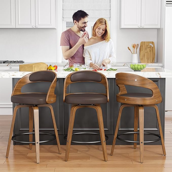 Swivel Bar Stools Set of 8, 26" Counter Height Bentwood Barstool, Mid-Century Modern PU Leather Upholstered Bar Chair with Back and Footrest, for Kitchen Island, Bar, Cafe, Dining Room, Brown