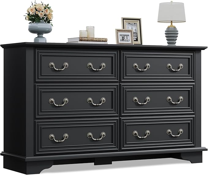 WLIVE Farmhouse Dresser for Bedroom, 51.97'' Wide Wood 6 Drawer Dresser, Chest of Drawers with Roman Metal Handle, TV Stand for 60 inch TV, for Living Room, Hallway, Black