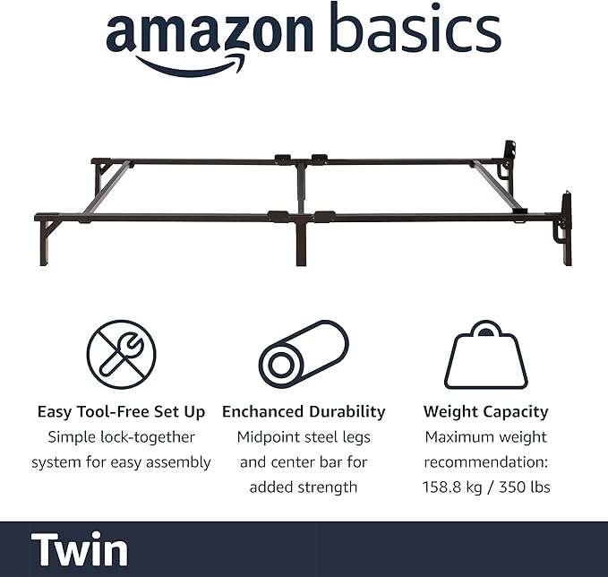 Amazon Basics Metal Twin Size Bed Frame, 6-Leg Base for Box Spring and Mattress Support, Tool-Free Easy Assembly, Black