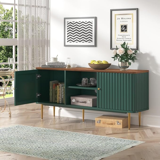 ARTPOWER 55” Fluted TV Stand, Mid Century Modern Green TV Stand for 55/60/65 inch TV, Entertainment Center with Storage, Television Stands, TV Console, Media Console for Living Room, Bedroom (Green)