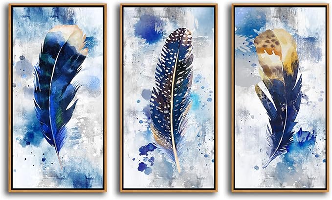 Framed wall art Feather Canvas Wall Art for Living Room Bedroom Large Modern Artwork Blue Watercolor feather Print picture 3 pieces Framed Wall Decor Ready to Hang for Home Office Decoration (With