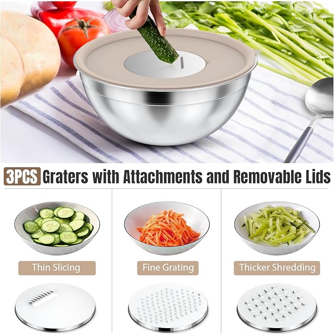 7-Piece Stainless Steel Mixing Bowls Set with Lids & 3 Grater Attachments – Size 4.5, 4, 3.5, 2.1, 1.5, 1.1, 0.7QT, Kitchen Gadgets Set for Cooking, Baking, and Serving, Khaki