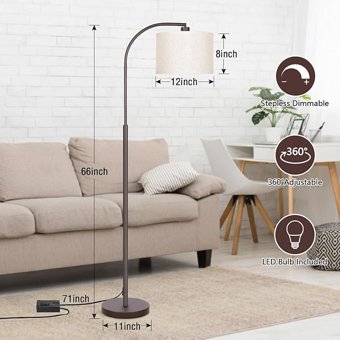 Boncoo Dimmable Floor Lamp, Standing Lamp with Stepless Dimmer, Brown Floor Lamp with Adjustable Linen Beige Shade for Living Room Study Room Office, 9W 3000K Bulb Included