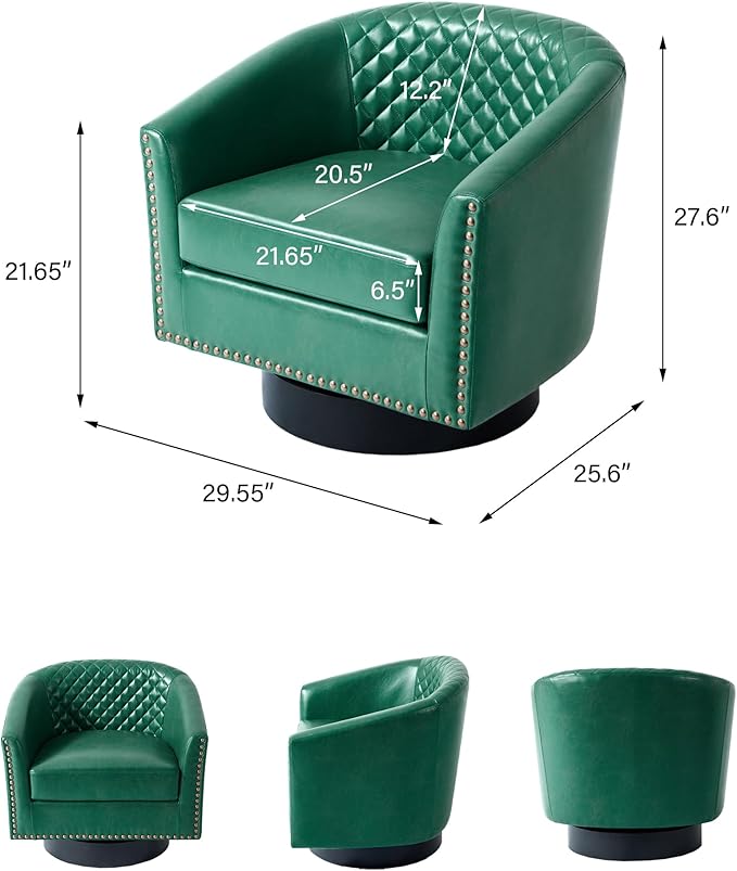 Swivel Barrel Accent Chair, Comfy Modern Upholstered Round Faux Leather Arm Chair for Living Room, Bedroom（Green, Set of 1