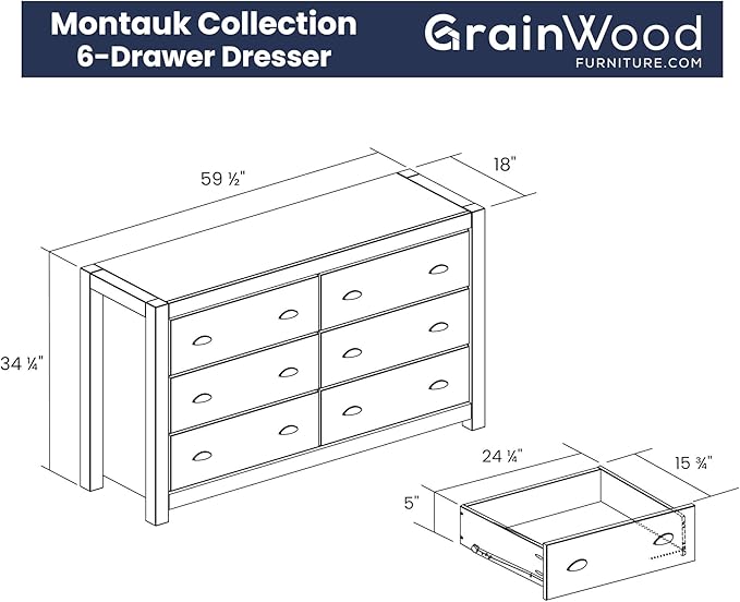 Grain Wood Furniture Montauk 6-Drawer Dresser, Rustic Off-White