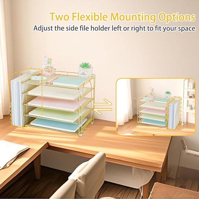 AUPSEN Gold Desk Accessories Organizer,5-Tier Letter Tray Paper Organizer with Adjustable File Holder, Desktop Office Desk Accessories for Office Supplies