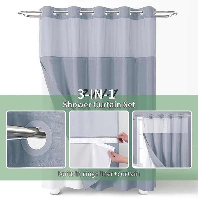 Blue Long No Hook Shower Curtain with Snap-in Fabric Liner Set,Slub Textured Fabric Shower Curtains for Bathroom,Hotel Style Modern Shower Curtain,Water Repellent & Washable,71x80(78)
