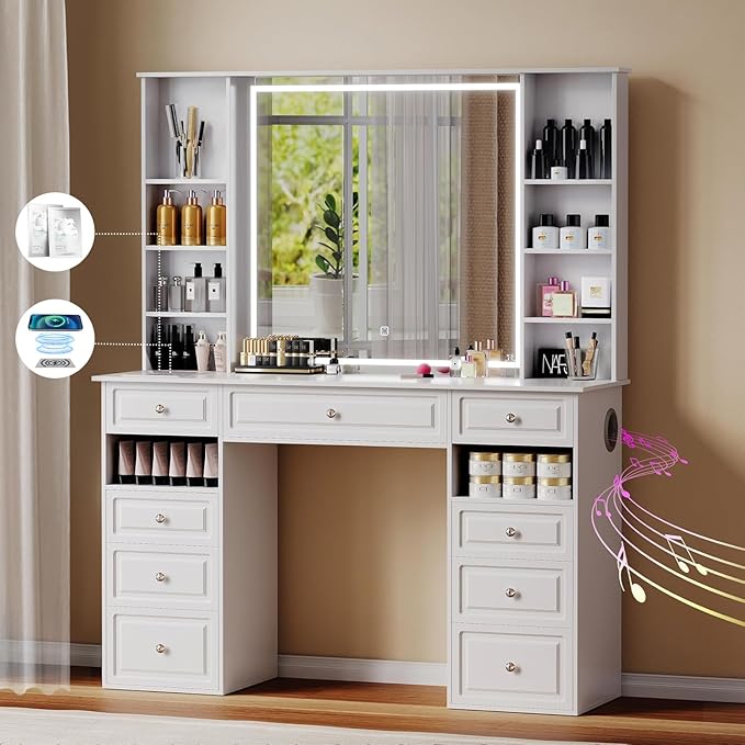 Extra Large Vanity Desk with Mirror and Lights, White Vanity with Bluetooth Speaker, Wireless Charging and Mask Cooler, Makeup Vanity Table with 9 Drawers for Women (Minimalist Style)