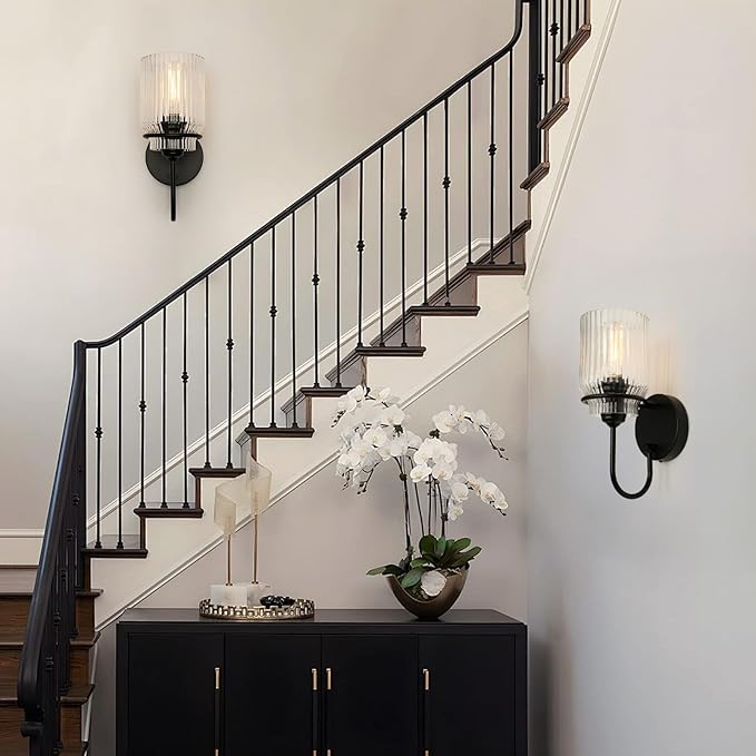 Modern Farmhouse Wall Sconces Set of 2, Black Bathroom Sconces with Clear Glass Shade, Vanity Lights for Bedroom Living Room Bathroom Hallway Stairwell