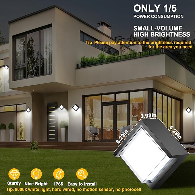 Outdoor Wall Light, 6000K Daylight Small Anti Rust Exterior Wall Lighting Fixtures, Black Square Wall Mount 12W LED Porch Lights for House with Waterproof for Front Porch, Garage, Patio
