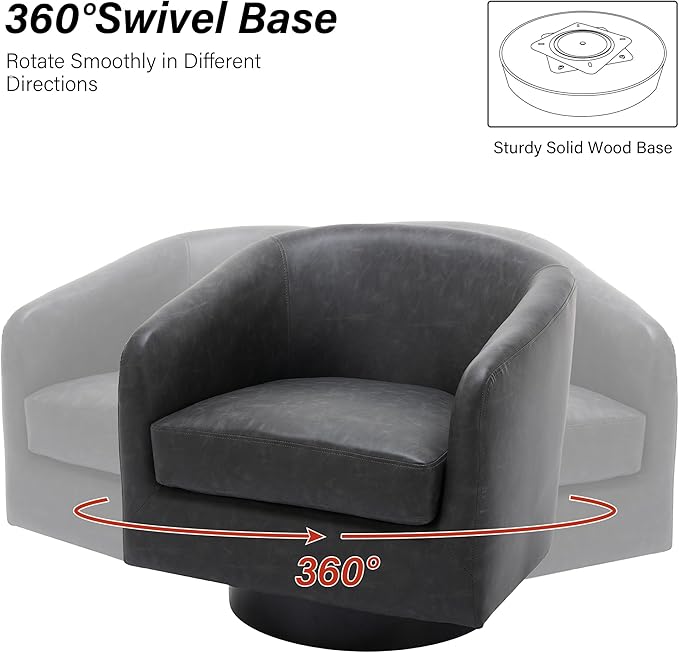 Swivel Barrel Chair, Modern Round PU Leather Accent Armchair for Living Room, Bedroom, Oversized Comfy Club Reading Chairs for Adults (Leather Black Grey, Set of 1)