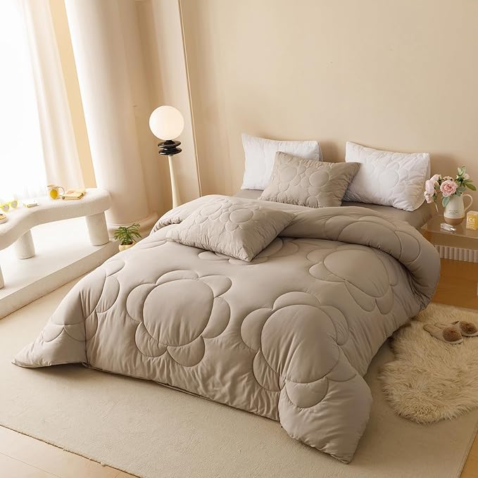 Luxlovery Mocha Sunflower Comforter Set Queen Beige Khaki Bedding Set Queen Size Boho Farmhouse Blanket Quilts Floral Elegant Soft Breathable Bedding Comforter Set