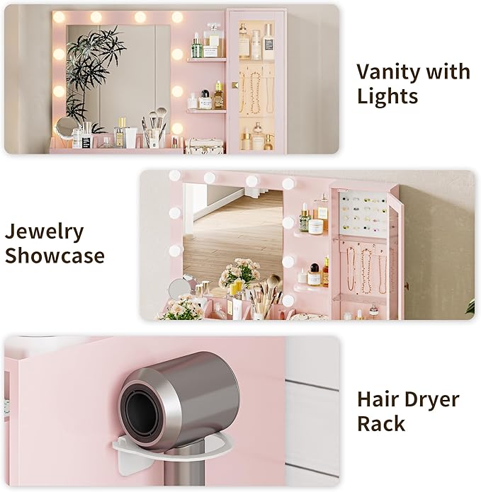 Vanity Desk with Mirror and Lights, Pink Makeup Vanity with 5 Drawers Hidden Jewelry Organizer& LED Glass Cabinet,3 Light Mode and Brightness Adjusted,Vanity Mirror with Lights Desk and Chair