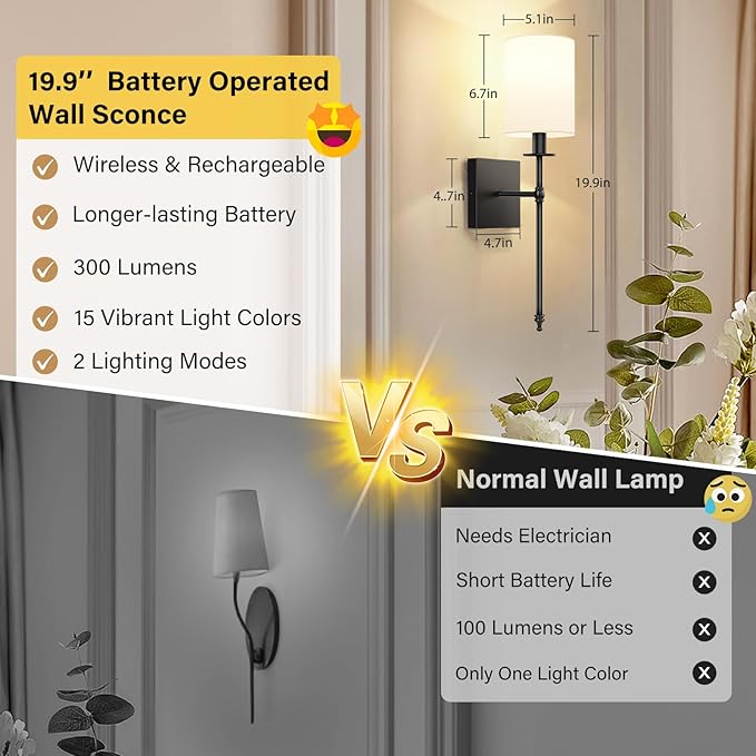 19.9 Inch Black Battery Operated Wall Sconces Set of 2, Rechargeable Wireless Wall Lights with Remote & White Fabric Shade, Indoor Not Hardwired Dimmable Wall Lamps for Living Room, 2 Bulbs Included