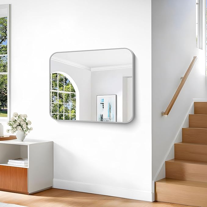 Silver Bathroom Mirror, 30 x 36 Inch Metal Framed Silver Rectangle Mirror, Rounded Corner Rectangular Vanity Mirror, Wall Mounted Mirror for Living Room Bedroom Entryway Horizontal/Vertical