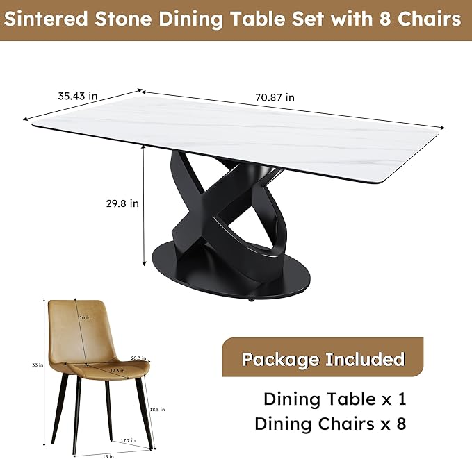 71" Modern Marble Dining Table with 8 Chairs, Sintered Stone Top for Kitchen, Dining Room, Dinette, Space Saving Design