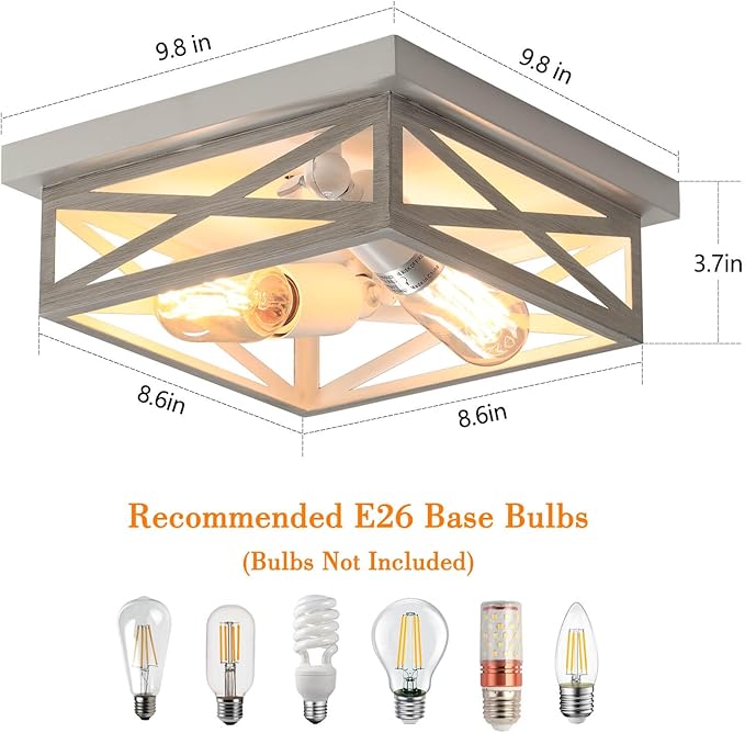 White Farmhouse Ceiling Light Fixtures, Industrial Kitchen Ceiling Fixture for Bedroom, 2-Light Rustic Metal Finish Farmhouse Flush Mount Ceiling Light,Square Cage Hallway Light
