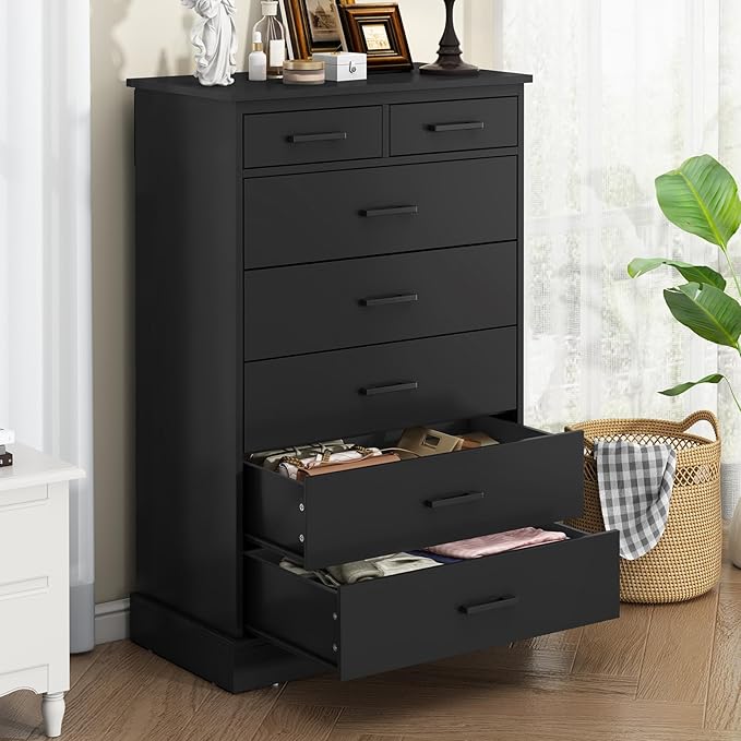 EPHEX Tall Dresser with 7 Drawers for Bedroom, Storage Tower Clothes Organizer, White Chest of Sturdy Pedestal, 27.6'' W x 15.8'' D 44.1'' H Black
