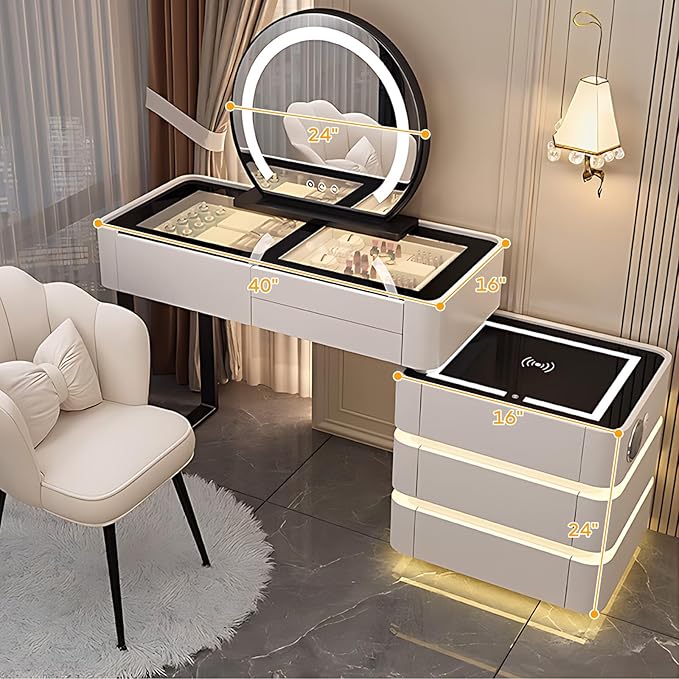 Makeup Vanity Desk, Modern Dressing Table Include LED Smart Round Mirror and Glass Countertop, Luxury Vanity Set with Makeup Chair, Side Cabinet with Drawers Storage and Ambient Light (White,40")