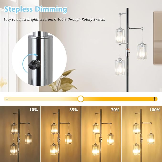 Modern Crystal Floor Lamp for Living Room, 3 Lights Dimmable Standing Lamp, Industrial Silver Tree Lamp with Crystal Shade, Dimmer Switch, 65" Tall Corner Lamp for Bedroom Reading, Chrome
