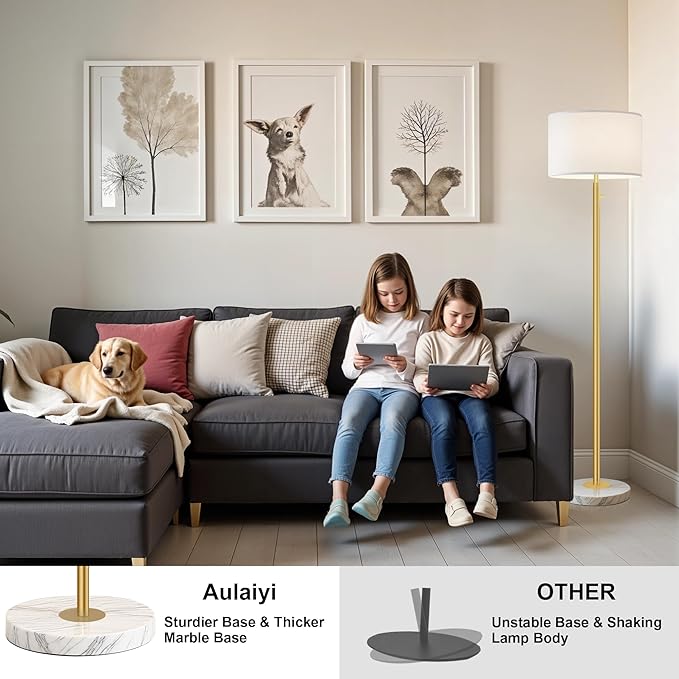 Floor Lamp for Living Room,Dimmable Floor Lamp, Modern Standing Lamp with Marble Base,Tall Standing Lamp for Bedroom, Reading, Office & Kids' Room,LED Bulb Included(Gold)