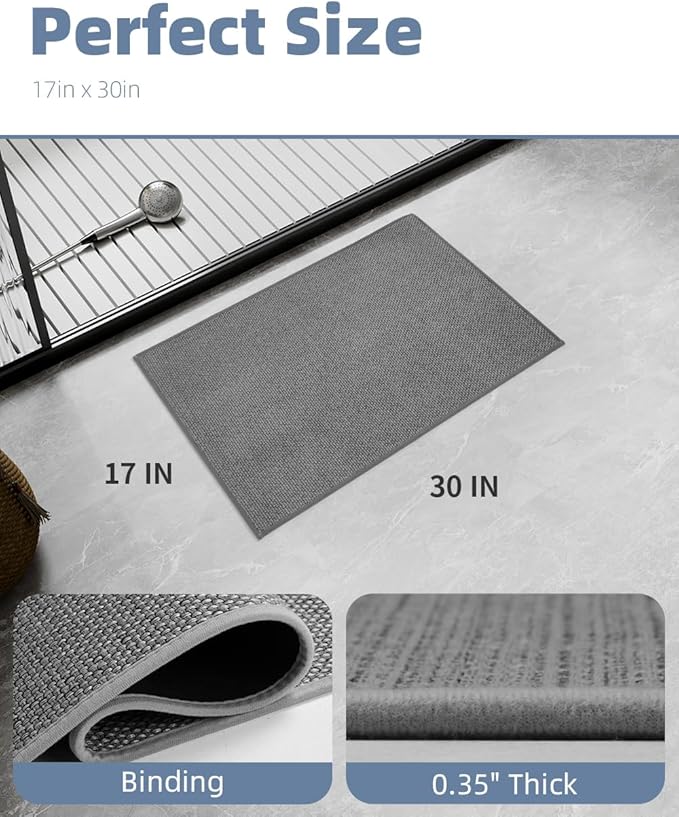 PADOOR Non-Slip Bath-Mats for Bathroom, Rubber-Backing Braided Absorbent Bathroom Mat Machine Washable Thin Bathroom Rugs Fit Under Door Quick Dry Bath Rugs for Floor, 17''x30'' Grey