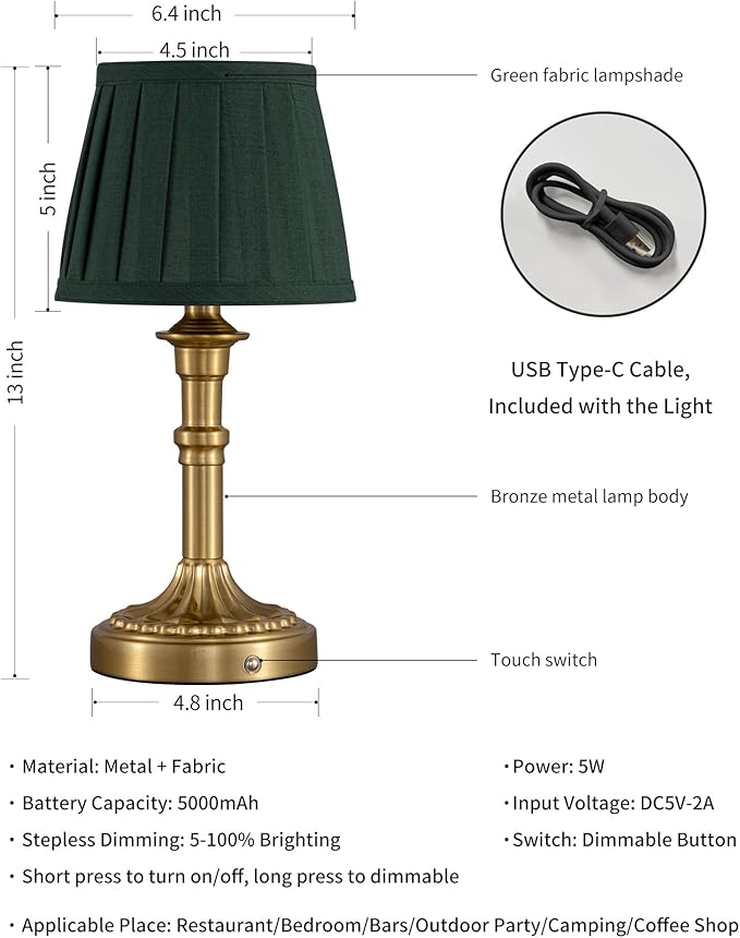 KDG Cordless Portables Table Lamp Set of 2, LED Fabric Shade Small Desk Lamps, 5000mAh Battery Powered Lighting, 2700K Stepless Dimmable Light for Living Room, Dining Room, Bedroom (Bronze+Green)