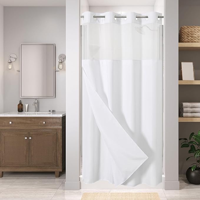 Stall No Hooks Needed White Shower Curtain with Snap-in Fabric Liner Set,Linen Textured Hotel Luxury Decor Farmhouse Shower Curtains for Bathroom,Waterproof & Washable,54Wx80H