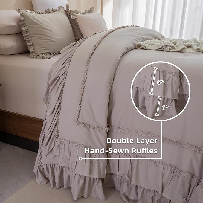 QSH Taupe Oversized California King Ruffled Bed Comforter Set 128x120, Farmhouse Vintage Chic Comforter French Country Shabby Bedding Comforter Soft Microfiber Fluffy Bedding 3 PCs