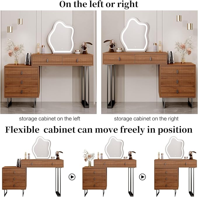 Brown Vanity Desk with Mirror and Lights,Small Makeup Vanity with 5 Drawers，Modern Makeup Table with Adjustable Cabinet for Bedroom,Makeup Room