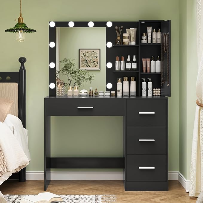 usikey sikey Makeup Vanity with Lights, Vanity Desk with Mirror and 10 LED Lights, Vanity Table Set with 4 Drawers, Cabinet & 4 Necklace Hooks, Dressing Table for Bedroom,Black