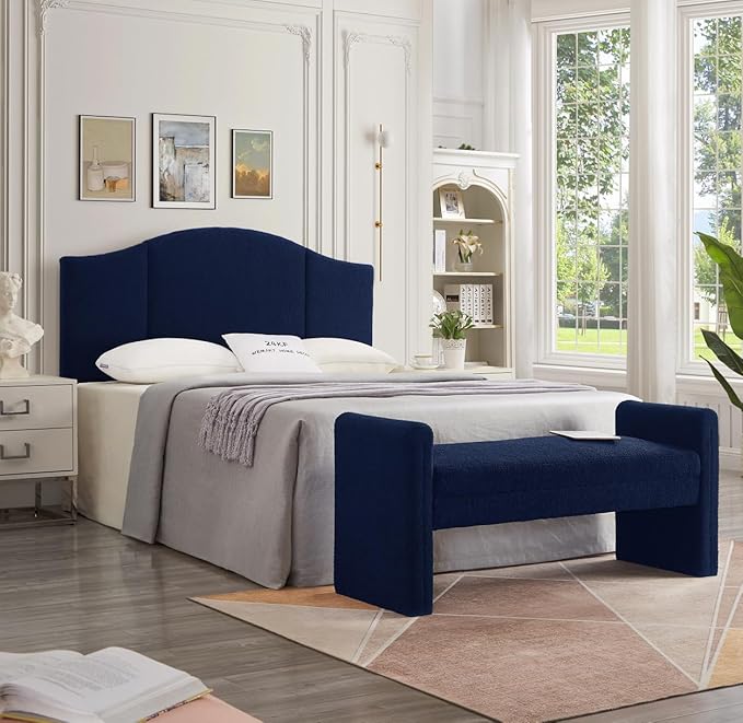 24KF Middle Century Upholstered Foldable Headboard, Modern Boucle Teddy Fabric Queen/Full Headboard 6033-Q-Navy