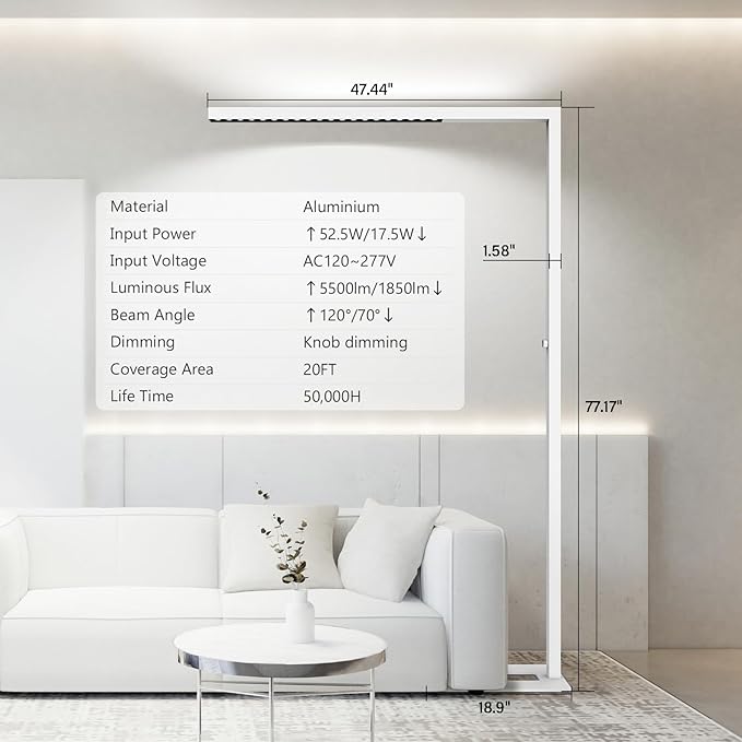 STERREN 77" LED Floor Lamp for Office, 7350LM Dimmable Eye-Care Standing Piano Lamp,70W Tall Reading Light, 4000K Bright Lighting for Living Room - White