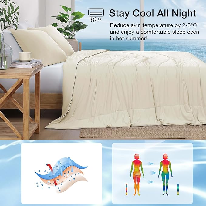 Monbix ChillChilla Cooling Comforter King Size-3 Pieces Cooling Blankets for Hot Sleepers and Night Sweats, Double-Sided Summer King Size Comforter Set, Breathable Lightweight Blanket Cream White