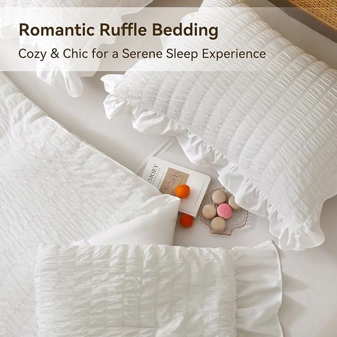 JOLLYVOGUE Queen Comforter Set, 3 Pieces White Seersucker Comforters Queen Size, Lightweight & Fluffy Bedding Sets Queen for All Season with 1 Ruffle Comforter and 2 Ruffle Pillowshams