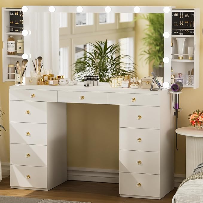 Likein Vanity Desk with Mirror and Lights, White Vanity with Hidden Jewelry Storage Cabinet, Charging Station, 11 Drawers Makeup Vanity with Lights, Crystal Knobs, 3 Color Lighting Modes for Girls