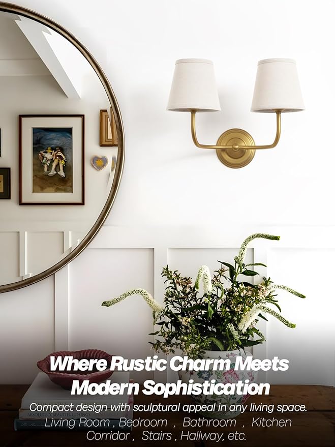 Vintage 2-Lights Fabric Wall Sconce with Linen Cloth Shade, Double Arm Wall Lamp Fixture for Bathroom Bedroom Living Room Hallway