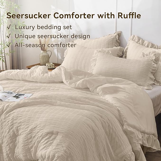 JOLLYVOGUE Beige Comforter Full Size, 3 Pieces Seersucker Lightweight Full Size Bedding, All Season Fluffy Microfiber Bedding Comforter Set with 1 Ruffle Comforter and 2 Ruffle Pillowshams