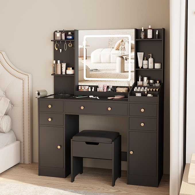 Vabches Vanity Desk with Lights, Makeup Vanity Table with Charging Station, 44.9in Big Vanity Set with 5 Drawers & Lots Storage Space, Black