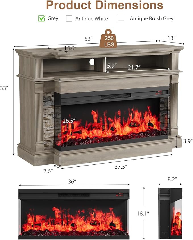 QUW Fireplace TV Stand for TVs up to 65", Farmhouse 52" Fireplace Entertainment Center with 36" 3-Side Glass Electric Fireplace, TV Console with Open Storage Shelves for Living Room, Grey